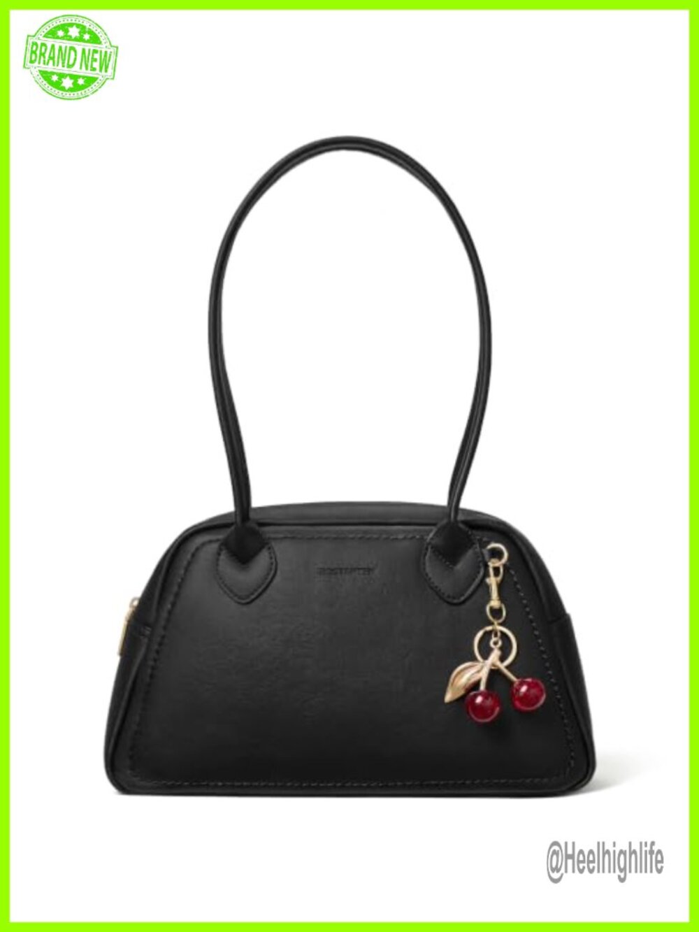 Vegan Leather Bowling Shoulder Bag with Cherry Charm Small Purse